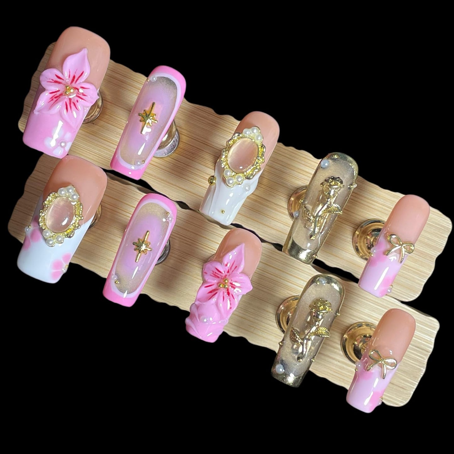 Handmade Press on Nails 3D Floral - Pink Nude Vintage Gold Rose & Pearl Design, Medium Long Square False Nails Reusable Acrylic Fake Nails (Mist Pink, S)