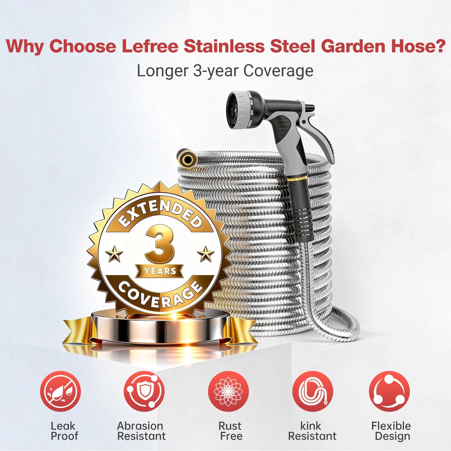 Lefree 150ft Stainless Steel Garden Hose - No-Kink Leak-Proof Crush Resistant, with Upgraded Protective Rubber Sleeve, 10-Function Nozzle for Lawn Care, RV Camp, Long-Distance Yard Watering