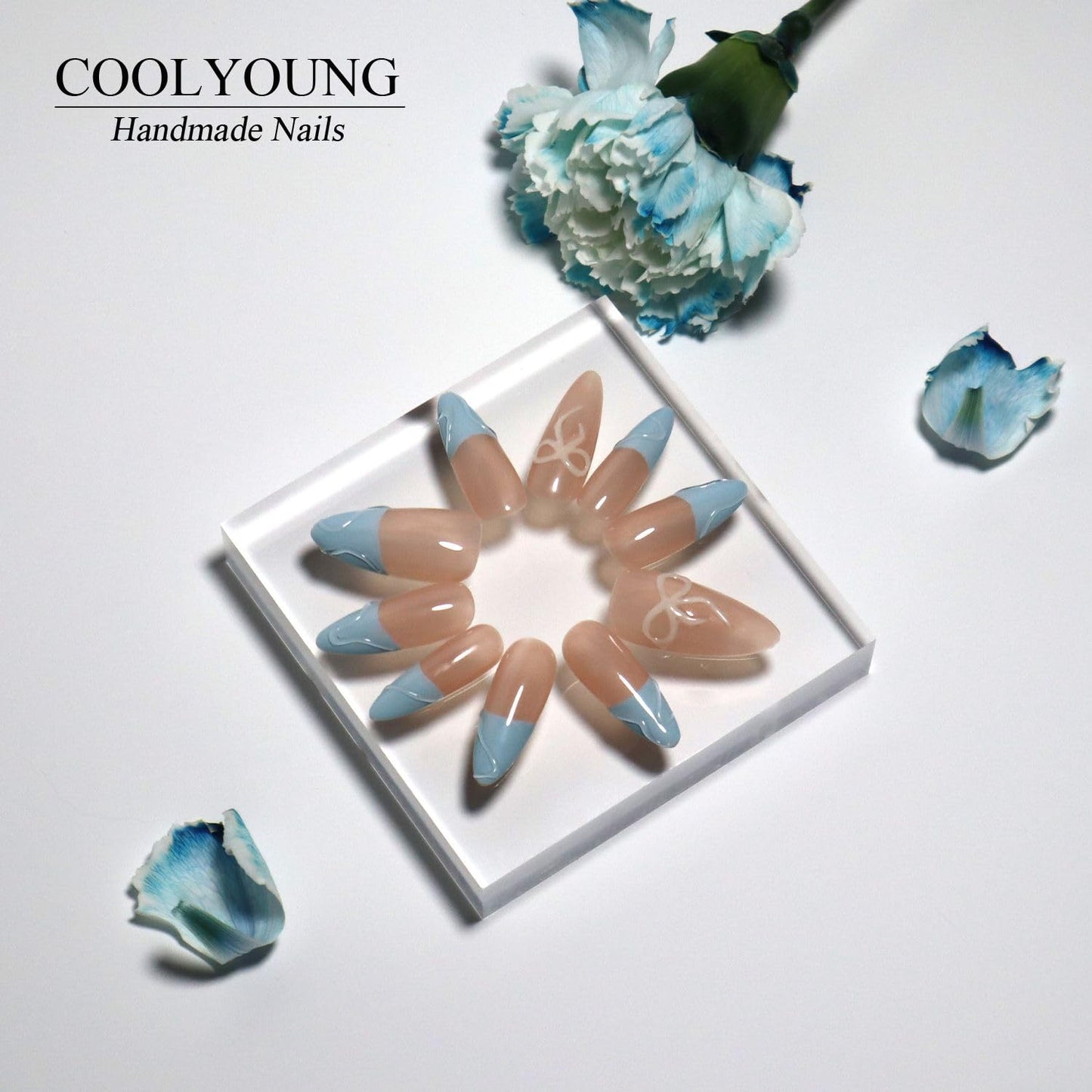 Homemade Press On Nails, Almond Nails, 3d Press On Nails, Nude Nails, Press On Nails With Designs, French Tip Nails, Blue Press On Nails, COOLYOUNG Handmade Nails, 10 PCS, Size S