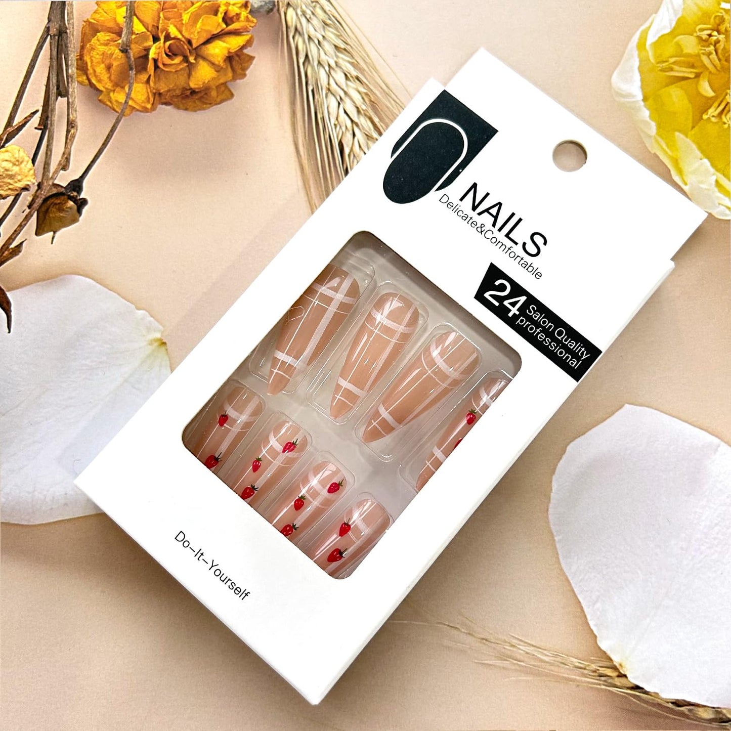 24Pcs Almond Tip Press on Nails Long Length Strawberry Pattern Design Lattice False Nail Silver Rhinestones Stick on Nail Full Cover Glossy Reusable Artificial Acrylic Nail Glue on Nails for Women
