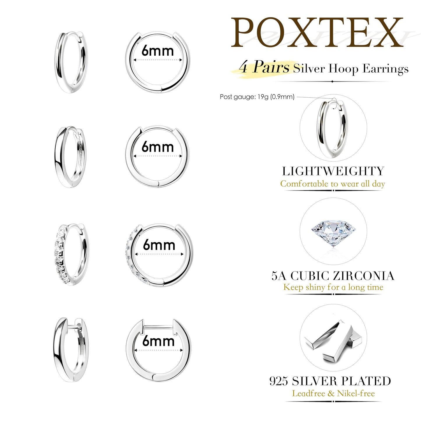 6mm Huggie Small Hoop Earrings Set for Women Silver Stack Thin Cute Cartilage Earring Sets for Multiple Double Piercing Lightweight Mini Dainty Trendy Clip On Mom Jewelry Gifts