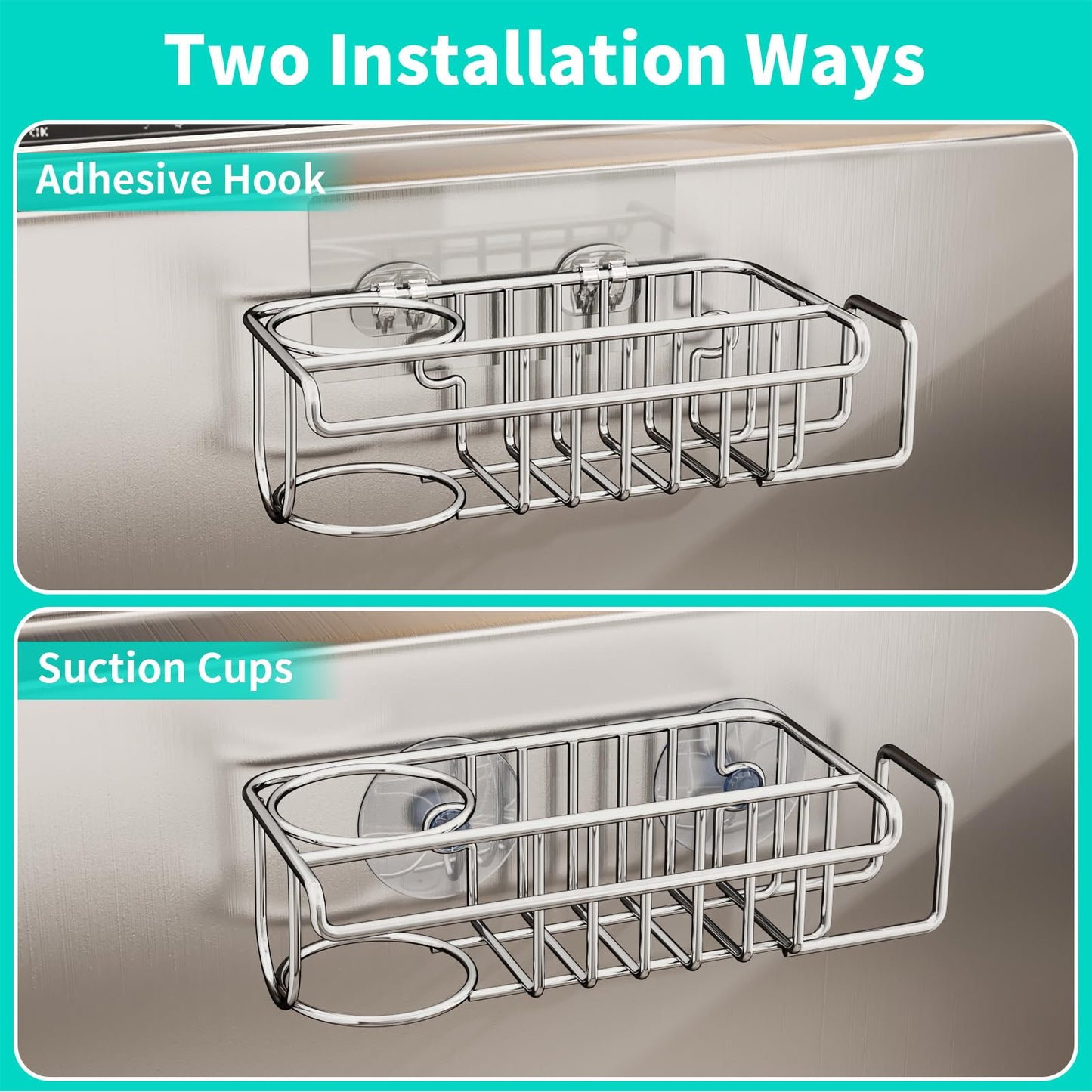 HapiRm 4 in 1 Sink Caddy Sponge Holder, SUS304 Stainless Steel Kitchen Brush Holder and Dish Cloth Hanger, Kitchen Organizers and Storage Essentials - Silver