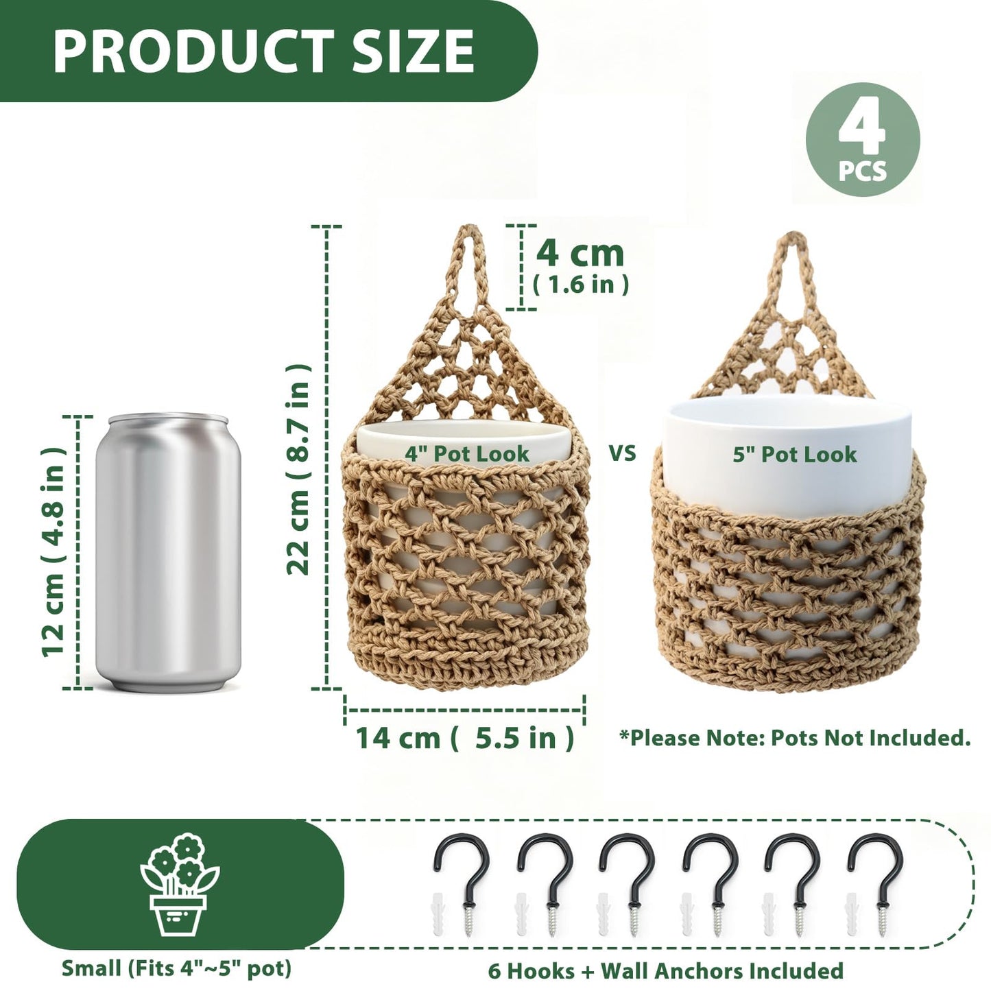 DOODLEBEAN 4 PCS 5-Inch Macrame Wall Plant Hangers, Small Wall Hanging Plant Holder with Hooks, Natural Cotton Rope Hanger for Indoor Plants & Daily Storage, Boho Home Decor