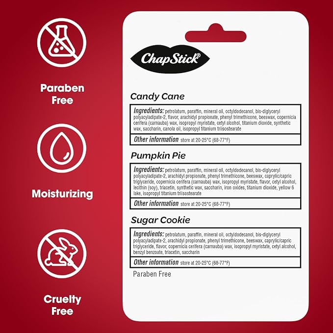 ChapStick Bulk Lip Balm, Holiday Variety 3-Packs x 6 (18 Sticks) – Candy Cane, Sugar Cookie, and Pumpkin Pie Flavored Lip Moisturizers, Stocking Stuffers, 0.15 Oz Ea