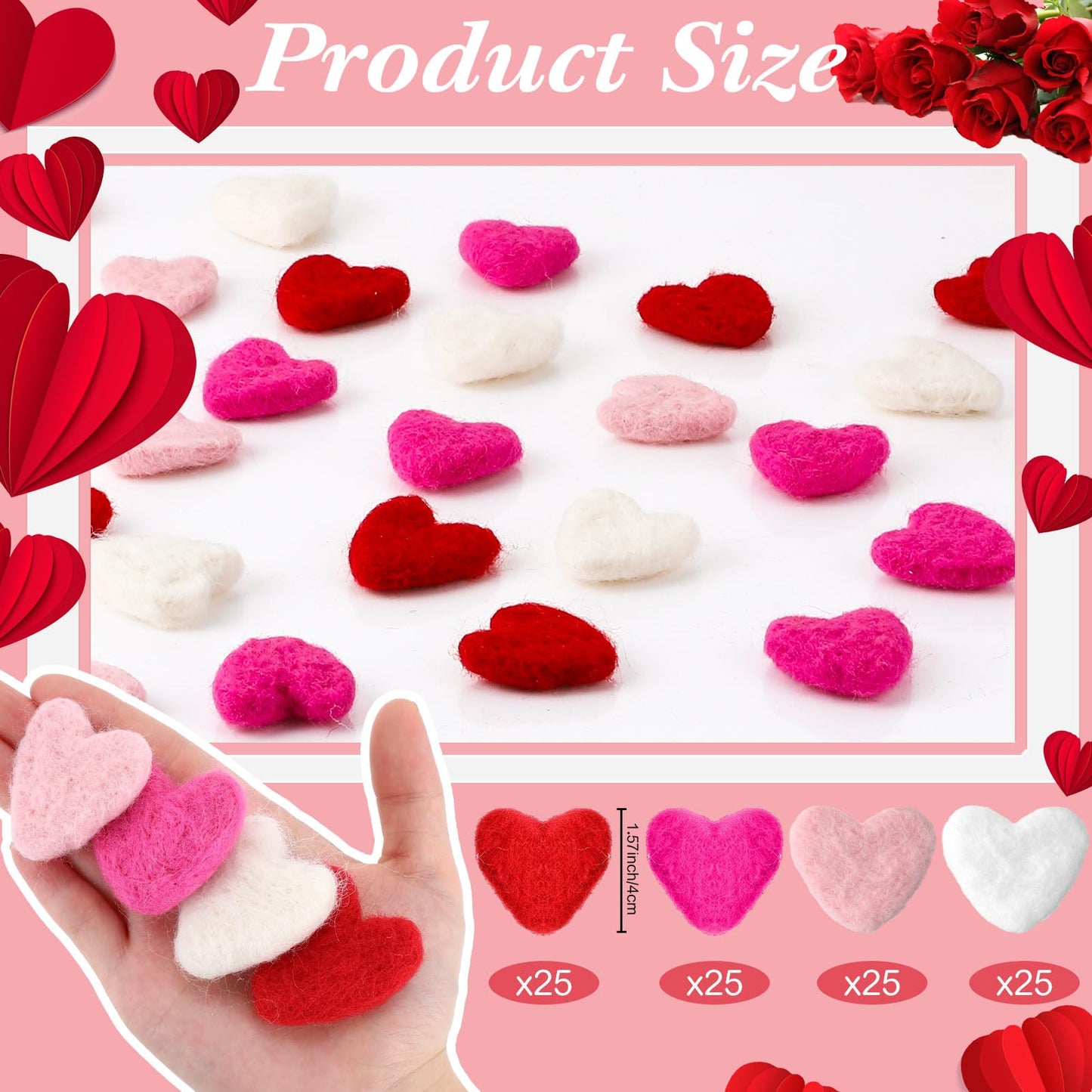 Buryeah 100 Pcs Pink Red Heart Shape Wool Felt Red Pink White Wool Felt Hearts Mother's Day Heart DIY Balls Pom Pom Balls for Crafting Art Party Home Holiday Decor Props