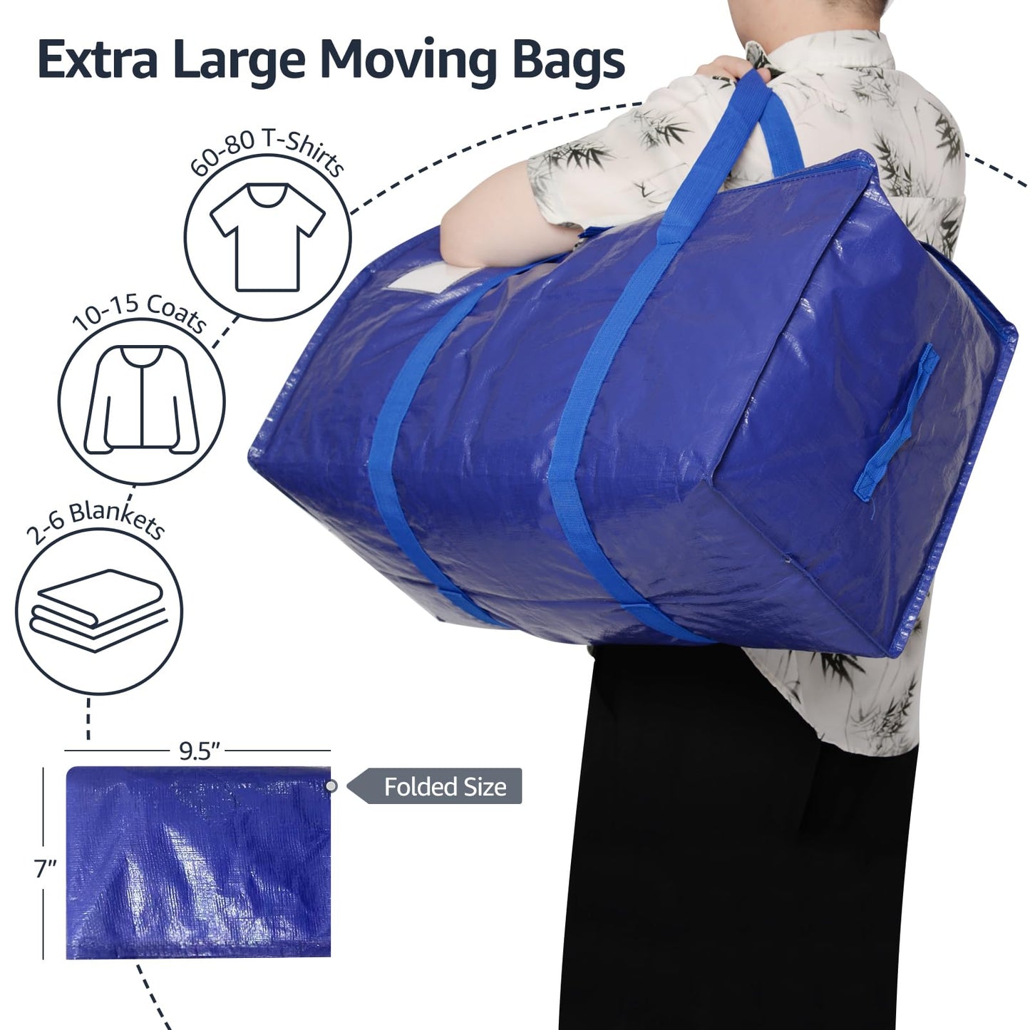 Moving Bags Heavy Duty Extra Large, Moving Boxes, Moving Supplies Essentials, Blue Storage Bins with Lids, Plastic Packing Totes, Storage Bags for Clothes with Handles & Zippers(Blue, 4 Pack)