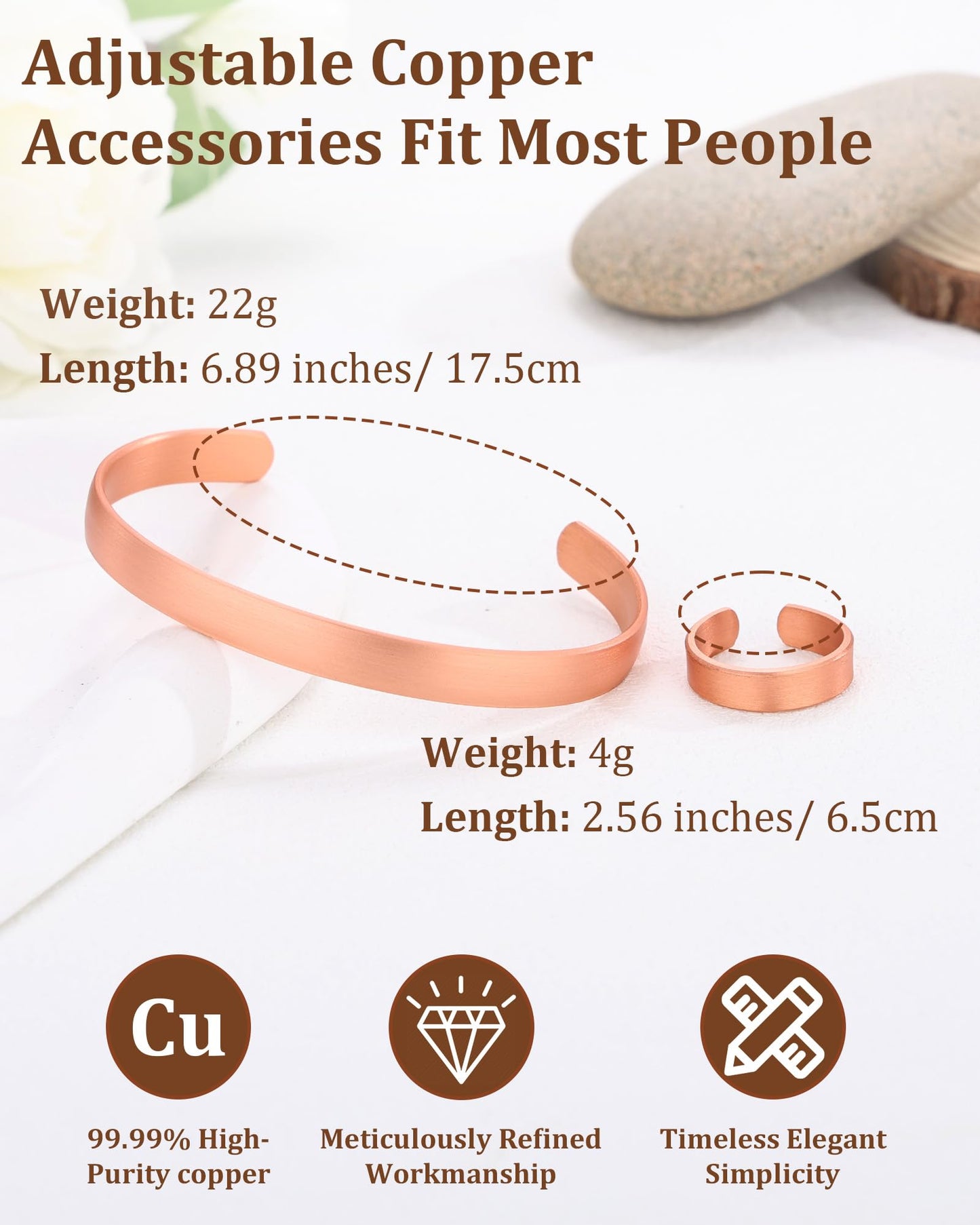 BioMag Pure Copper Bracelet & Ring for Women Men, 99.99% Solid Handmade Copper Cuff Bangle, Adjustable Jewelry Gift with Gift Box