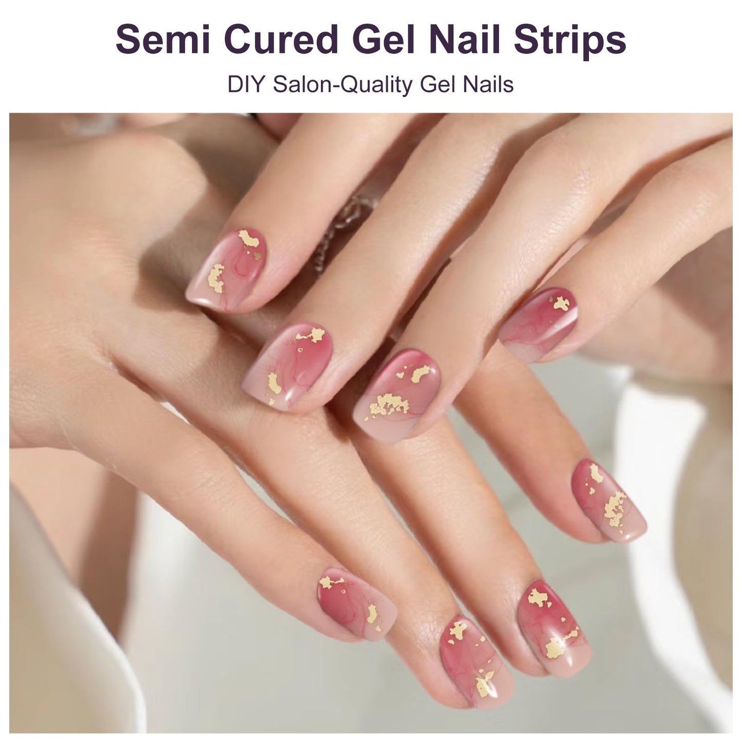 DUKASOU Semi Cured Gel Nail Strips Set, 56Pcs Nail Art Stickers/Wraps, Long Lasting UV Nail Polish Strips for Adults(Gold Peach Red+Gradient Pink)