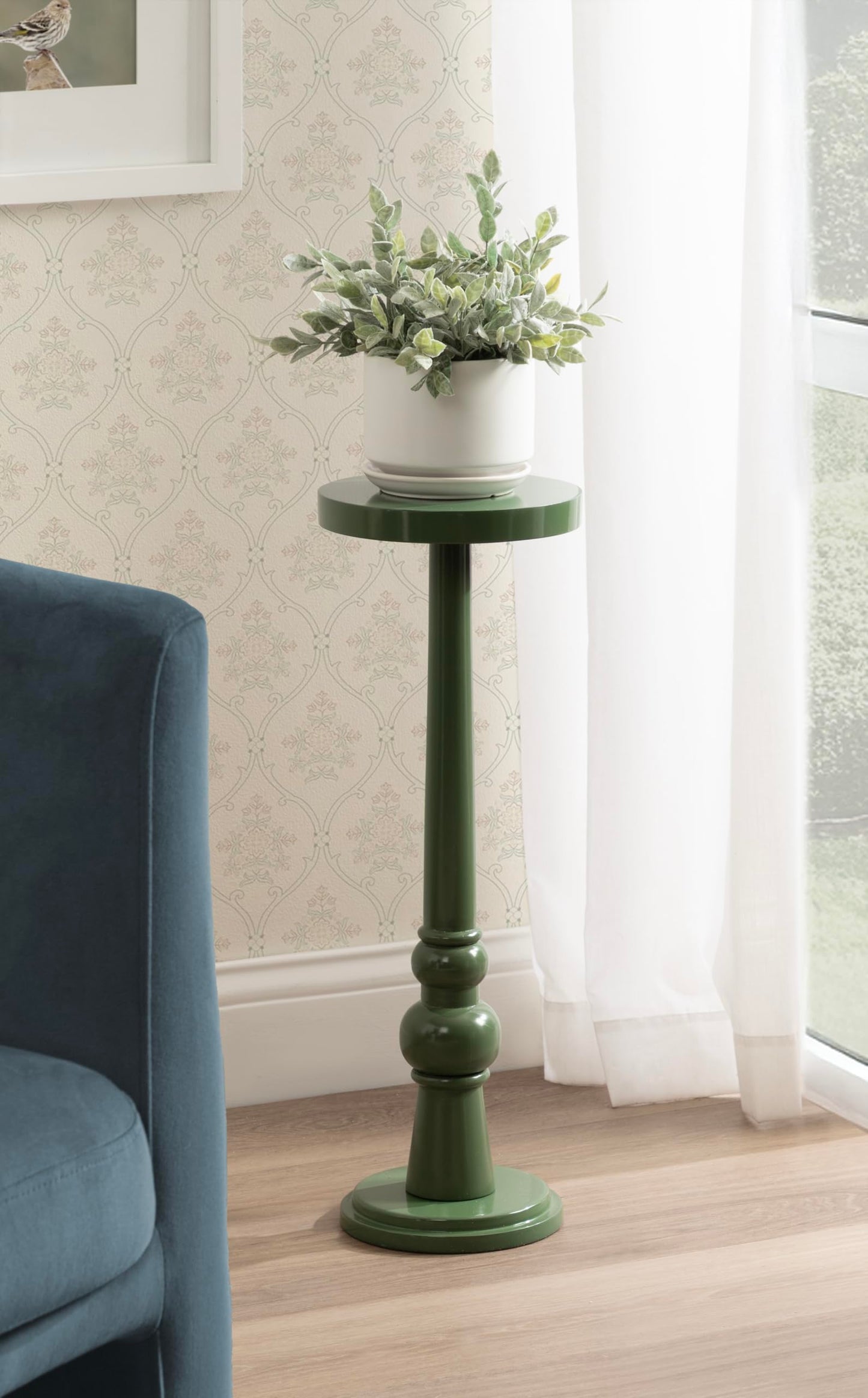 Kate and Laurel Wegner Transitional Wooden Round Drink Table, 8 x 8 x 23, Gloss Green, Modern Durable Pedestal Table for Use as Indoor Plant Stand, or Decorative Living Room Decor Accent