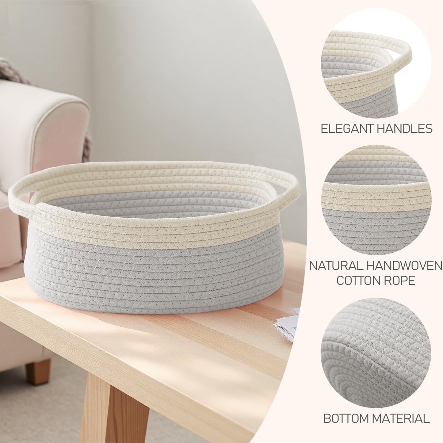 JMvicyroam Woven Basket,Small Rope Storage Bin with Handles & Ribbon Bag, Organizer for Shelves Closets,Gift Basket Empty for Birthday,Books,Dog Toys, White&Grey