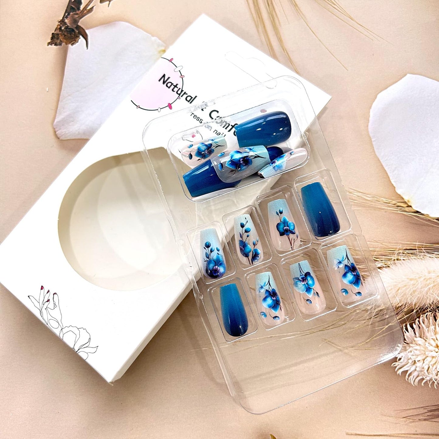 TBRZTR 24Pcs Blue Gradient Press on Nails Medium Ballet Shaped Blue Flower Pattern Design Full Cover Glossy Floral Stick on Nail Medium False Nail Artificial Acrylic Press Ons Glue on Nail for Women