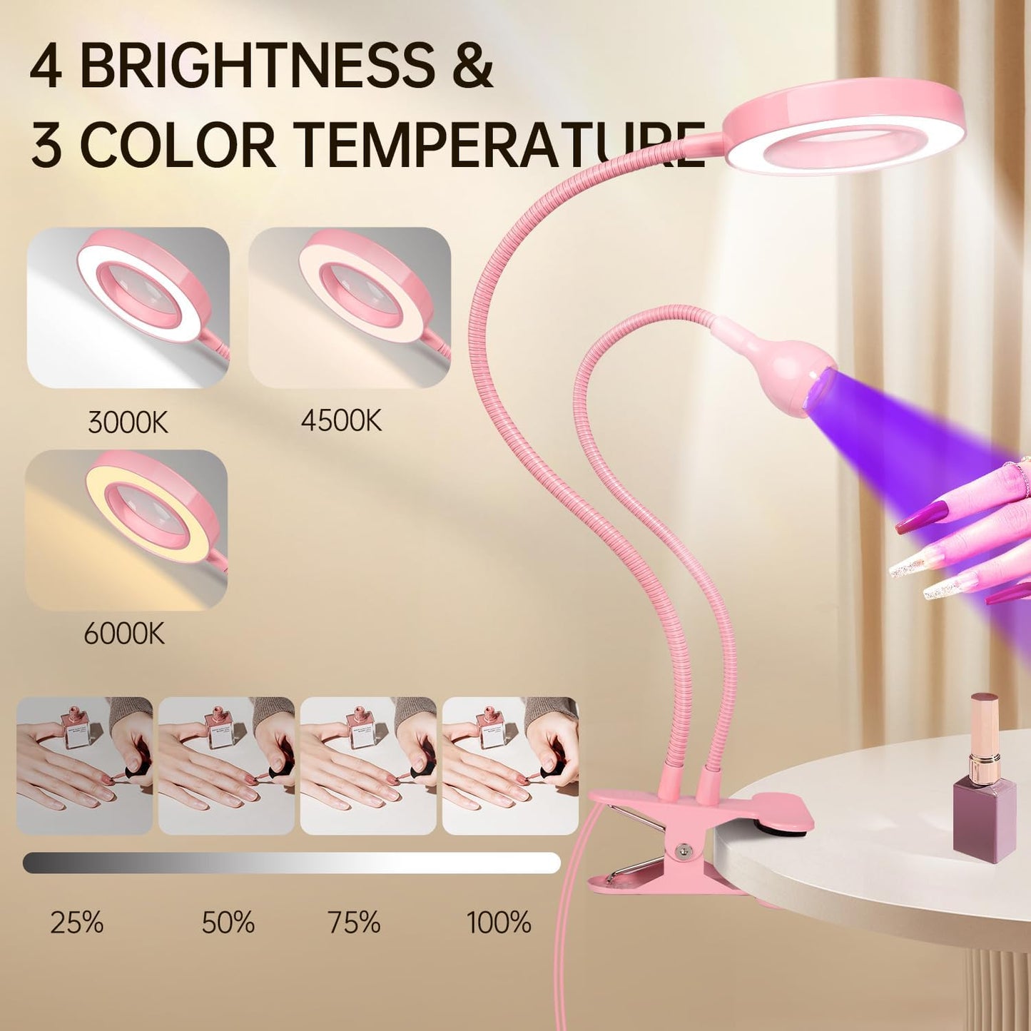 AORAEM LED UV Nail Lamp: Double-Headed Gooseneck Lamp for Gel Nails, LED Flash Cure Light with 6X Magnifier Home DIY Salon, Pink