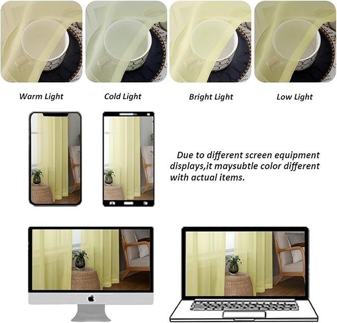 Chyhomenyc Sheer Curtains 45 Inch Long 2 Panels - Light Filtering Short Soft Airy Short Cafe Curtains, Modern Rod Pocket for Dinning Living Room Bedroom, 42Wx45L Inches, Light Yellow