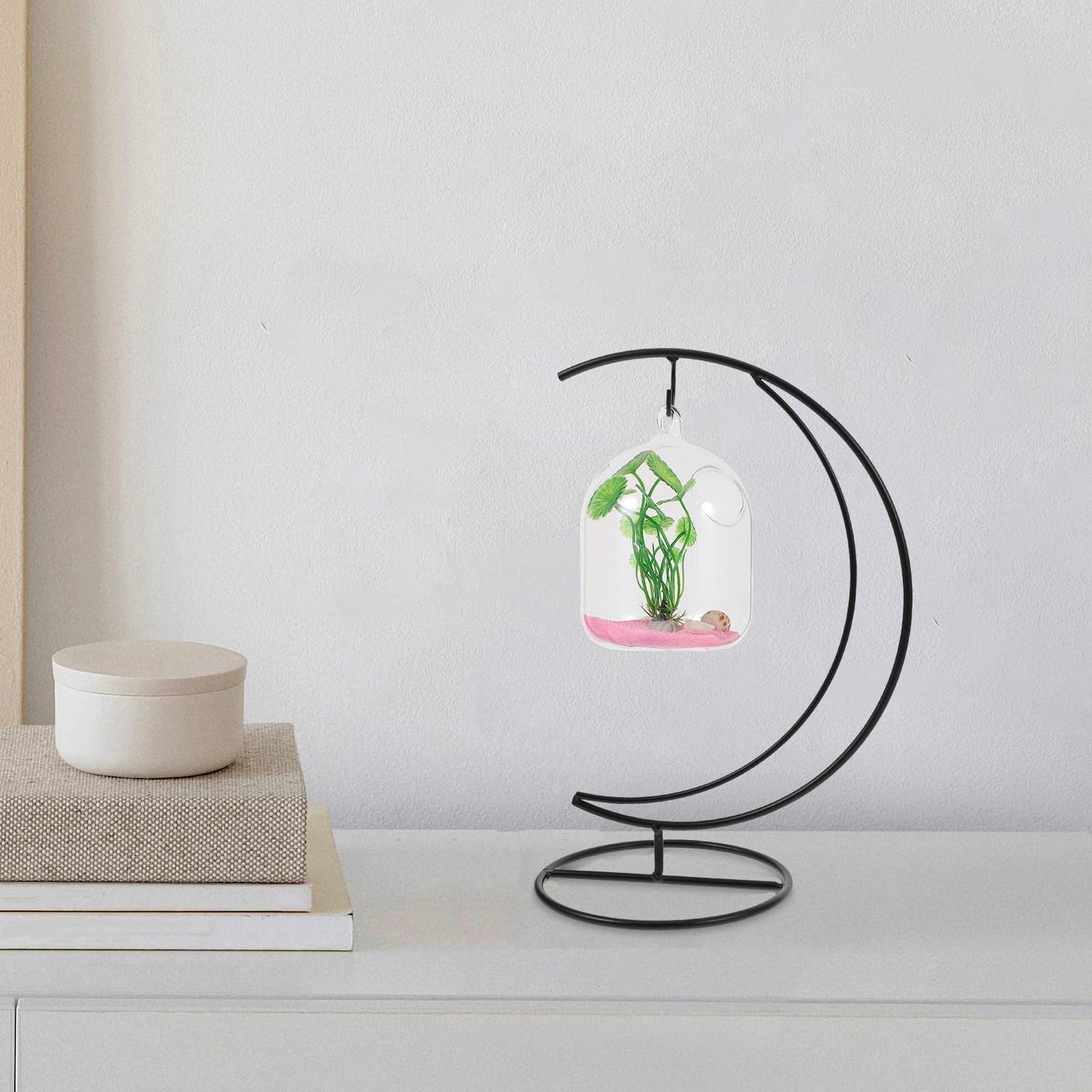 TOPPERFUN 2pcs Moon-shaped Hanging Hook Black Metal Plant Stand Terrarium Holder for Indoor Air Plant Display and Handmade Glass Globe Vase Hanger