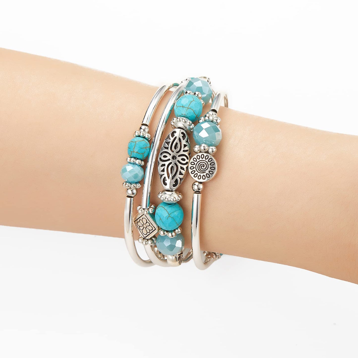 FULU AUTUMN Stackable Beaded Bracelet for Women Boho Wrap Silver Bracelet Layered Fashion Jewelry Gift for Her (Turquoise 2)