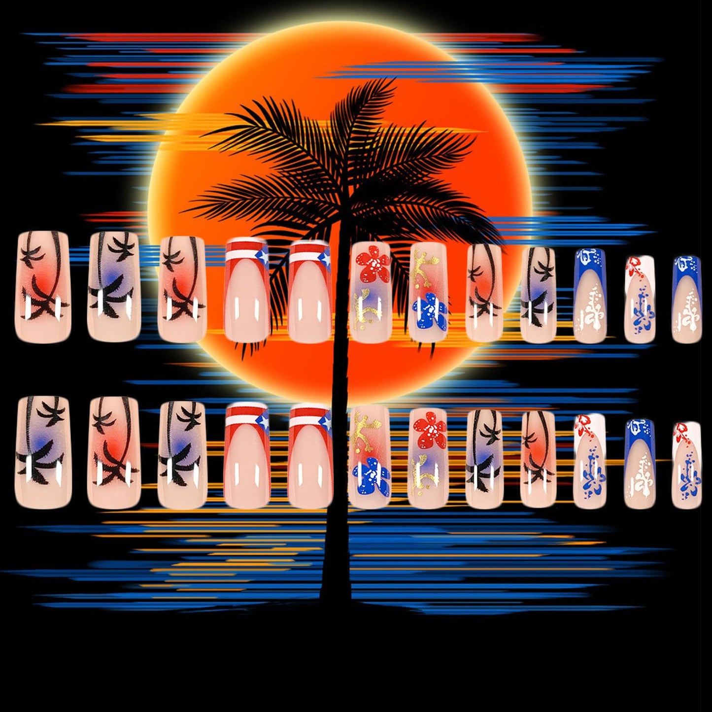 GCSQW Summer Press On Nails Medium Square Acrylic False Nails 24Pcs with Coconut Tree Designs Independence Day Flower Nails 4th of July Full Cover Stick on Nails for Women