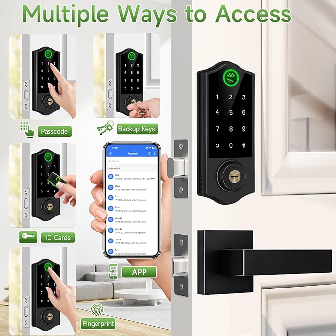 Harfo Fingerprint Smart Door Locks with Handles, App Control, Keyless Entry Front Door Lock Set, Bluetooth Digital Electronic Touchscreen Keypad Deadbolt, Easy Installation, Black