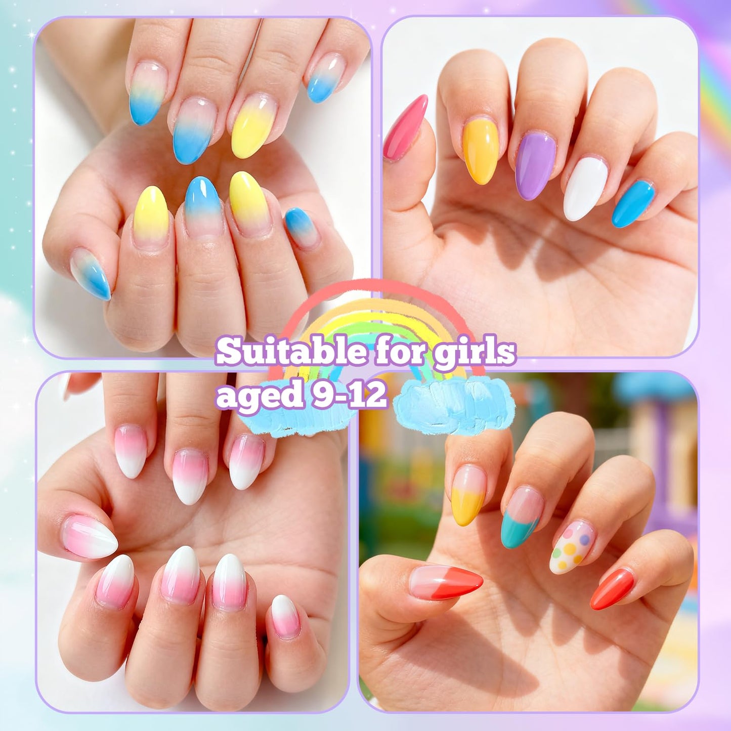 krofaue 240Pcs Almond Kids Nail Tips & 240pcs Children Square Clear Press On Nails