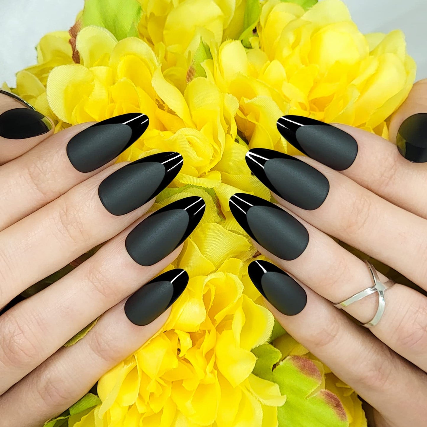 Hypnaughty Press On Nails - Caviar Black Almond & Noir Matte Black Coffin, Trendy & Salon Quality Reusable Nails With Kit