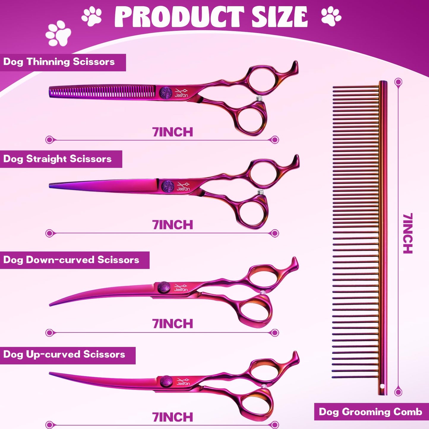 JASON Purple 6 in 1 Dog Grooming Scissors Set - Professional Thinner Set - 7" Thinning, Straight, Up-Curved, Down-Curved Scissors and Comb for Dog Cat Pet with Adjustable Screw
