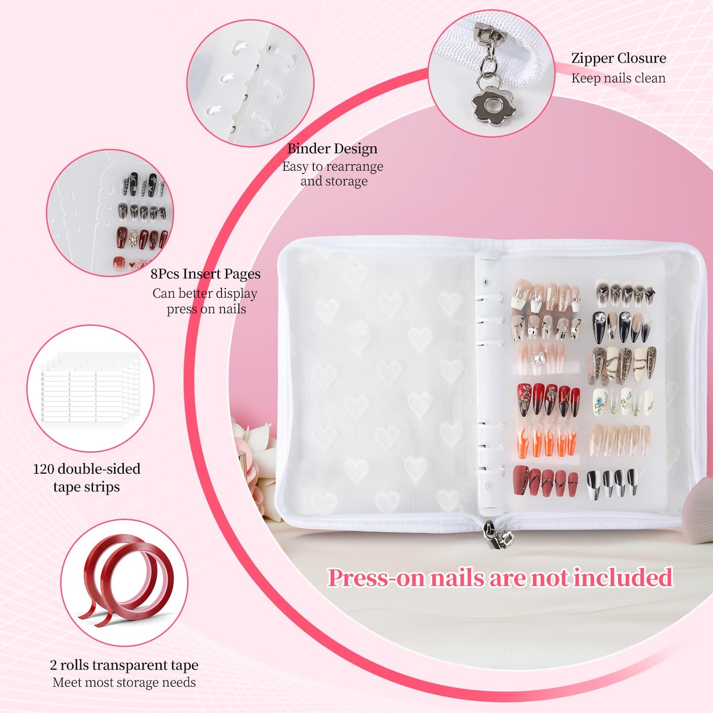 ASTONFOG Press On Nail Storage Organizer Binder with 8 Insert Pages - A5 Size & Double Sized Tape, Press on Nails Display Storage Book, Reusable Fake Nail Swatch Collecting Book (White)