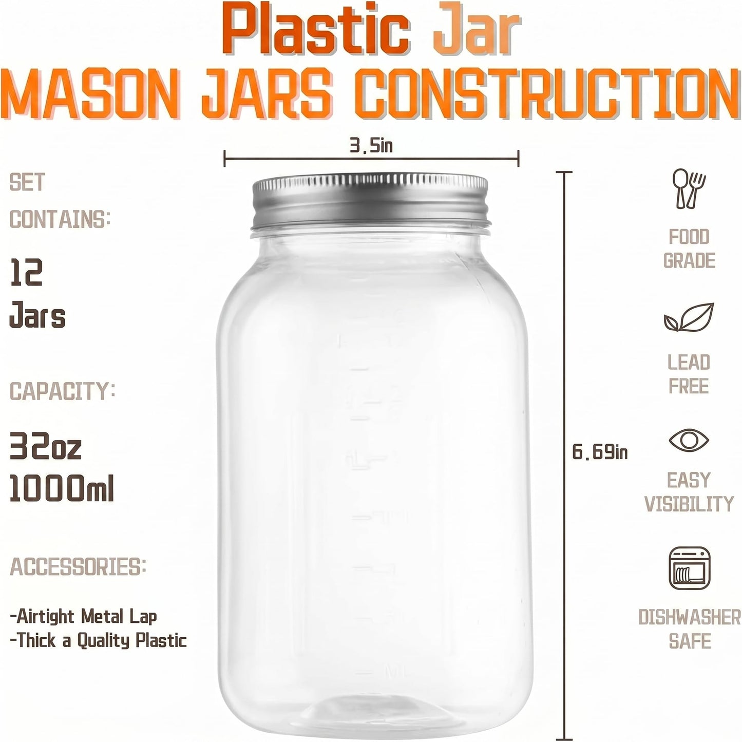 novelinks 32 oz Mason Jars with Plastic Lids, 12 Pack Large Plastic Salad Jars with Lids 32oz, Reusable Spice Containers & Kitchen Jars for Pantry Organization (12 Pack,Silver)