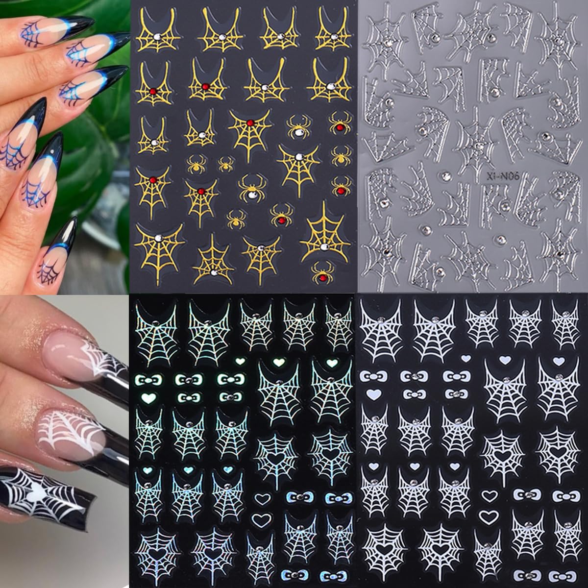 4 Sheets 5D Embossed Halloween Nail Stickers for Nail Art Self-Adhesive Ghost Spider Web Spider Nail Decals Laser Gold Silver Rhinestones Nail Designs Stickers Holiday Nails Supplies for Women DIY