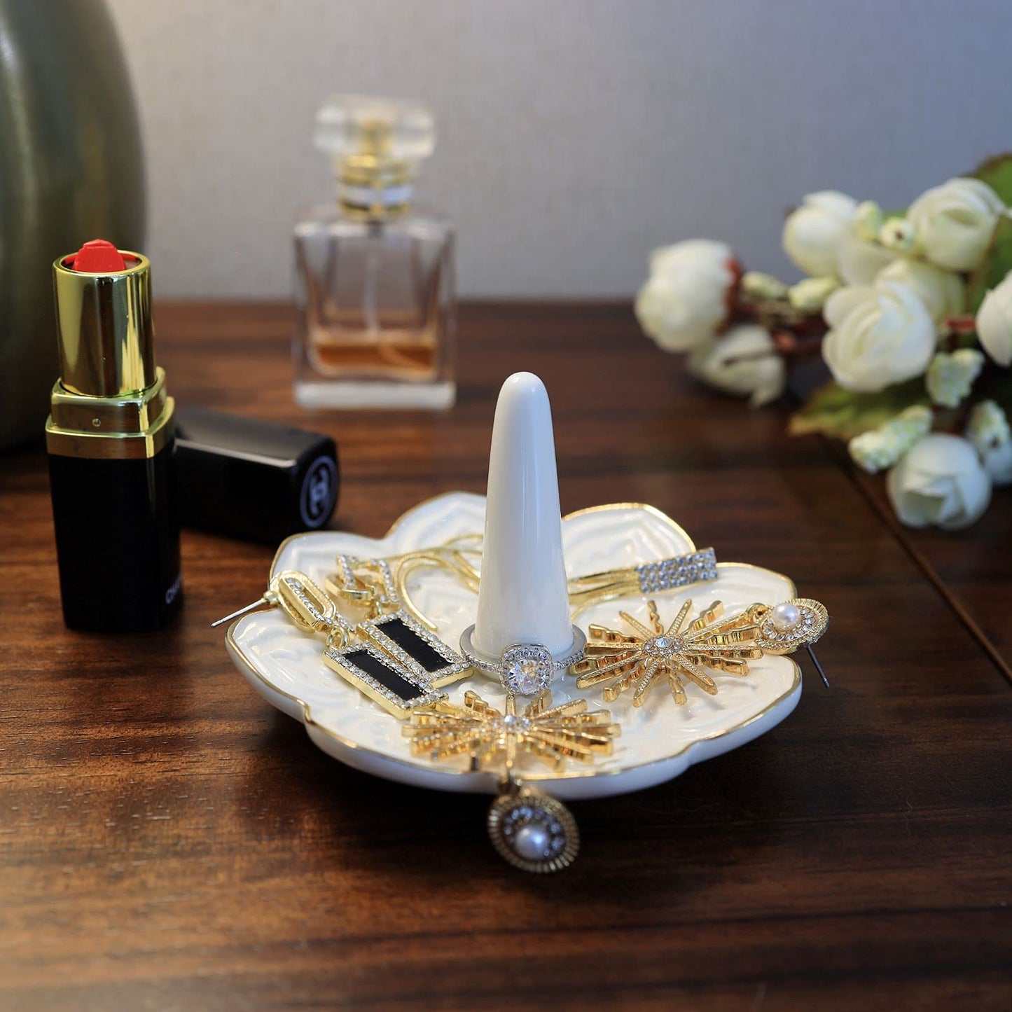 RUIMIC Ceramic White Mandala Jewelry Holder Decorative Ring Holder/Trinket Tray Engagement Wedding Birthday Gifts for Women Her