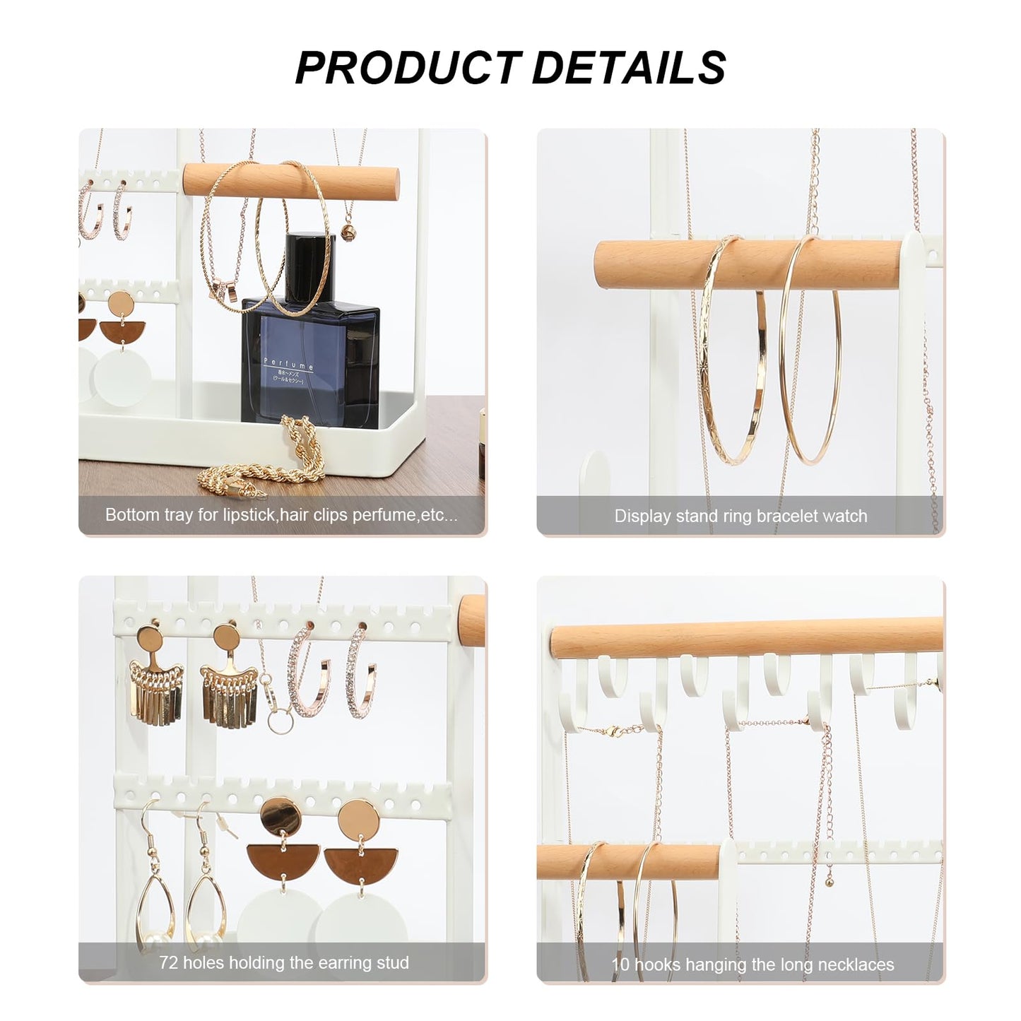 V-LAFUY Jewelry Holder Organizer, 4 Tier Necklace Holder Jewelry Tower with 10 Hooks 88 Holes, Jewelry Stand Organizer Storage Bracelets Earrings Rings Watches - Elegant White