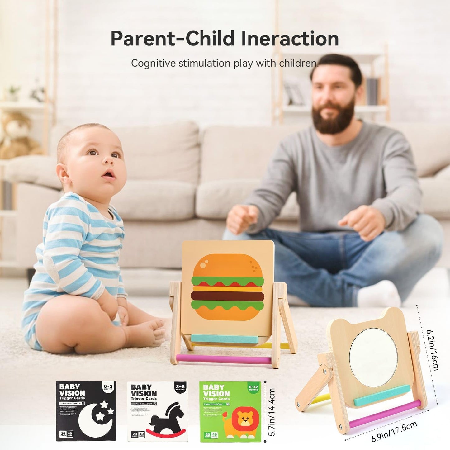 IEATFO Rotating Baby Safe Mirror with 120 Pages Visual Stimulation Cards - Wooden Tummy Time Mirror Toys - Black White Red and Color High Contrast Baby Flashcards for Brain and Cognitive Development