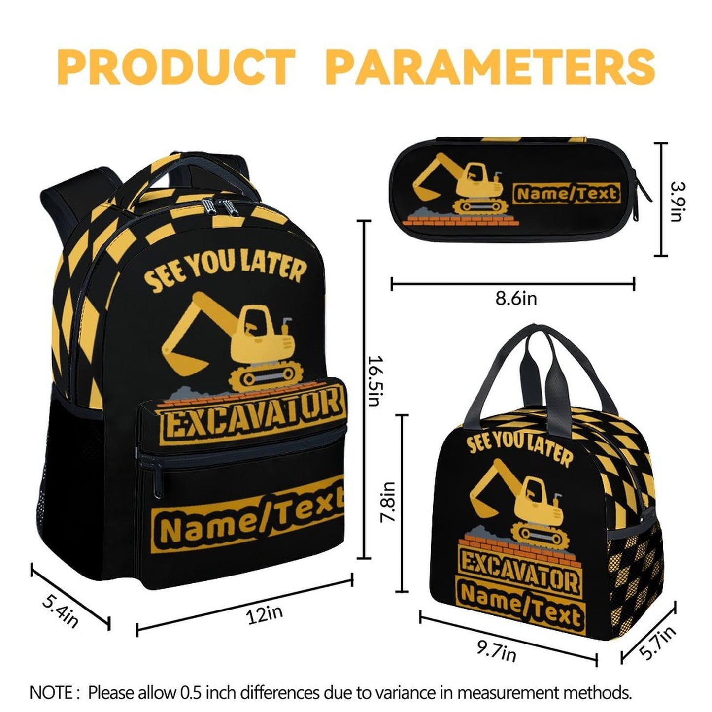 PoshWrap Personalized Excavator Backpack with Lunch Box - Set of 3 Custom Backpacks Matching Combo - Utility Black Bookbag and Pencil Case Bundle