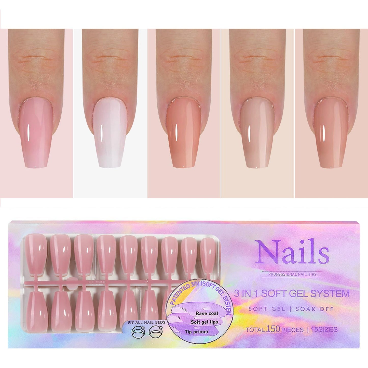OFDNE Press on Nails Coffin 5 Colors Soft Gel Nail Tips 150pcs Full Cover Natural Long Lasting Fake Nails Extensions for Easy DIY Nail Art