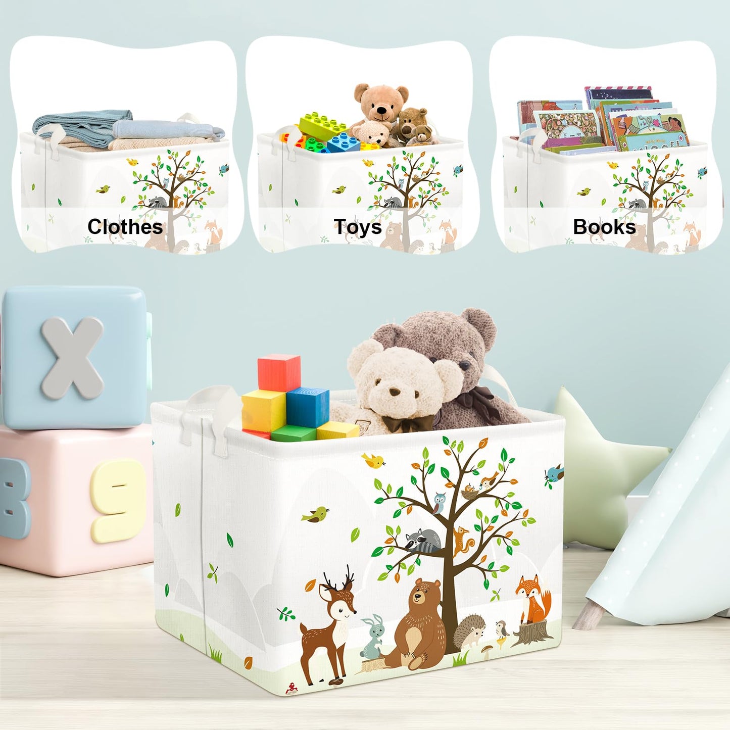 Clastyle Woodland Animals Bear Fox Raccoon Tree Baby Gift Storage Basket Large Deer Owl Collapsible Rectangular Shelf Basket Cute Clothes Towel Toy Book Storage Bin for Nursery