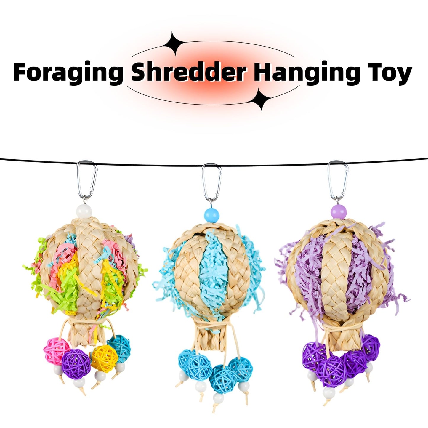 2 Pack Natural Hot Air Balloon Bird Toy, Hand-Woven Parrot Foraging & Chew Toy with Colorful Rattan Balls, Boredom Relief for Small to Medium Parakeets, Cockatiels, Conures