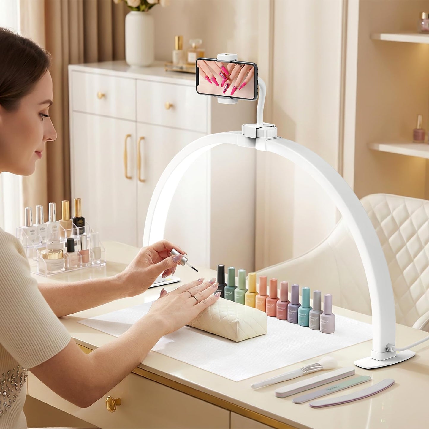 LIONVISON Half Moon Light for Desk: 29" Foldable Nail Light for Desk with Phone Holder - 3000K-6500K 3 Color Modes 10 Brightness for Salon Nail Technicians & Home DIY Manicure Enthusiasts (White)