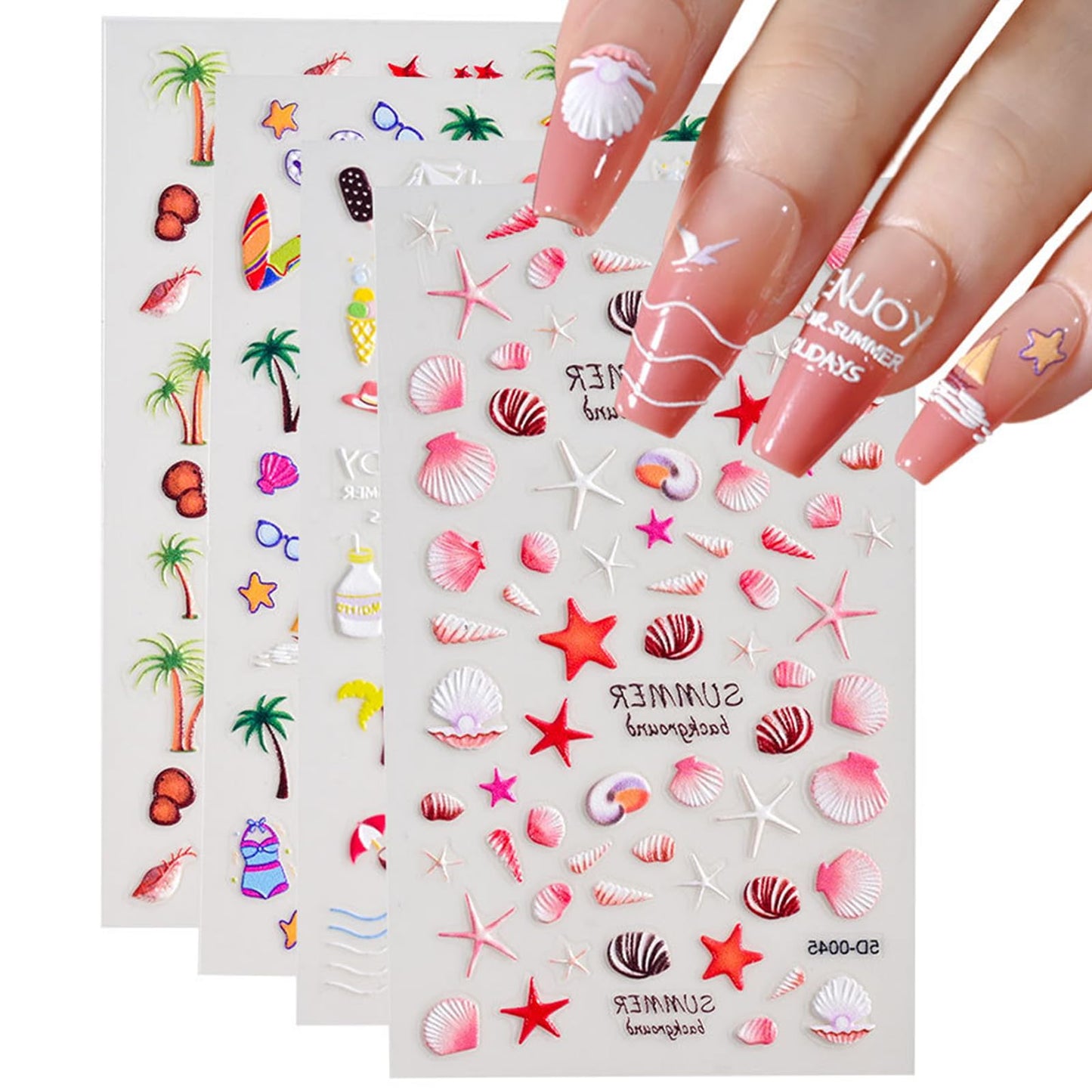 4 Sheets Ocean Nail Art Stickers Summer Nail Decals 5D Embossed Beach Self-Adhesive DIY Nail Sticker Cute Palm Tree Sea Shell Starfish Nail Supplies for Women Acrylic Nails DIY Decoration