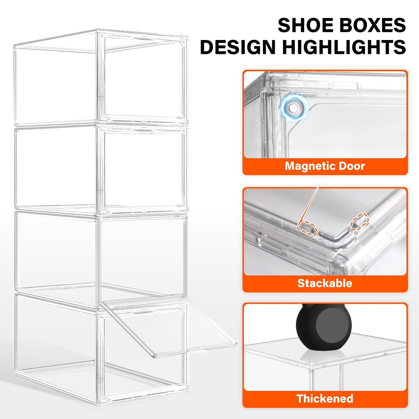 2 Pack Drop Front Shoe Boxes Fit US Size 13, Acrylic Shoe Organizer Clear Stackable Sneaker Sotrage Box for Entryway, Home, Underbed, Multiple Display Cases for Cosmetic, Hats, Figures, Sneakers