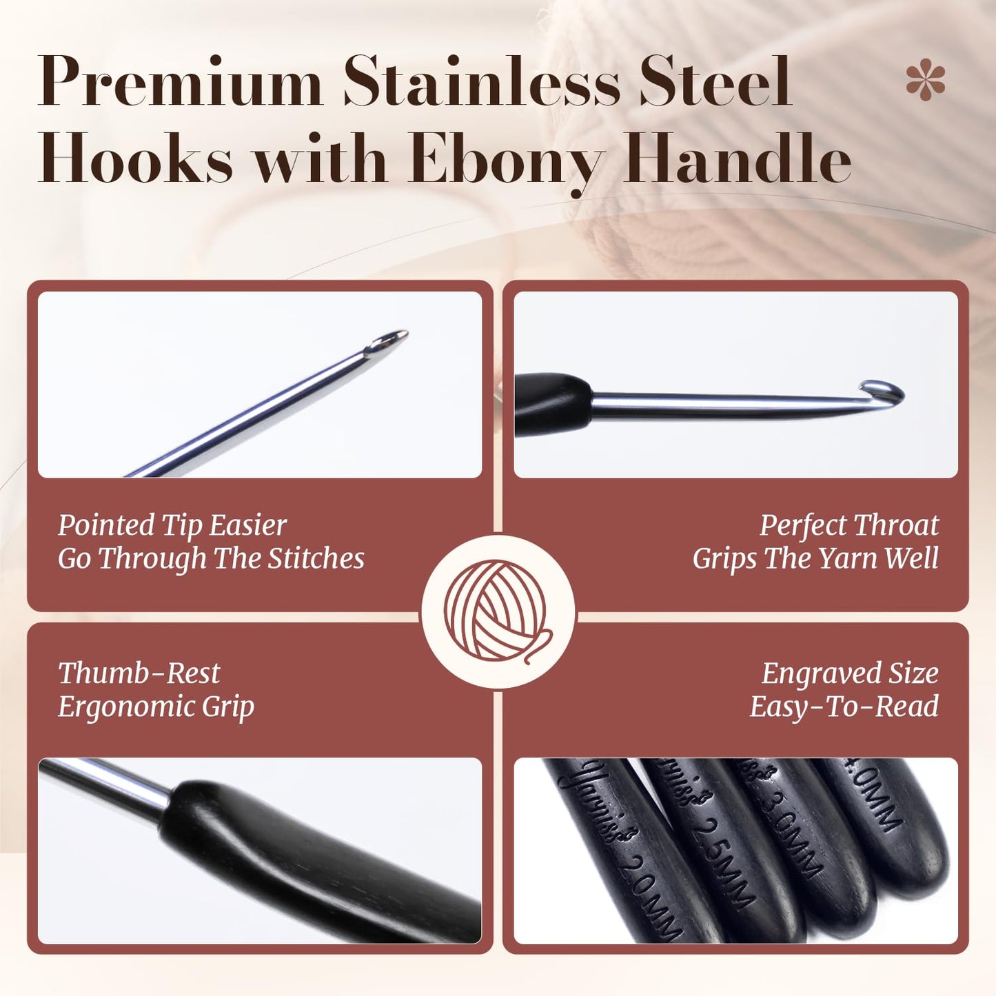 Yarniss Artisan Stainless Steel Crochet Hooks Set,2.0-4.0mm Handmade Crochet Needle with Ebony Handle for Beginners,Gift for Crocheter