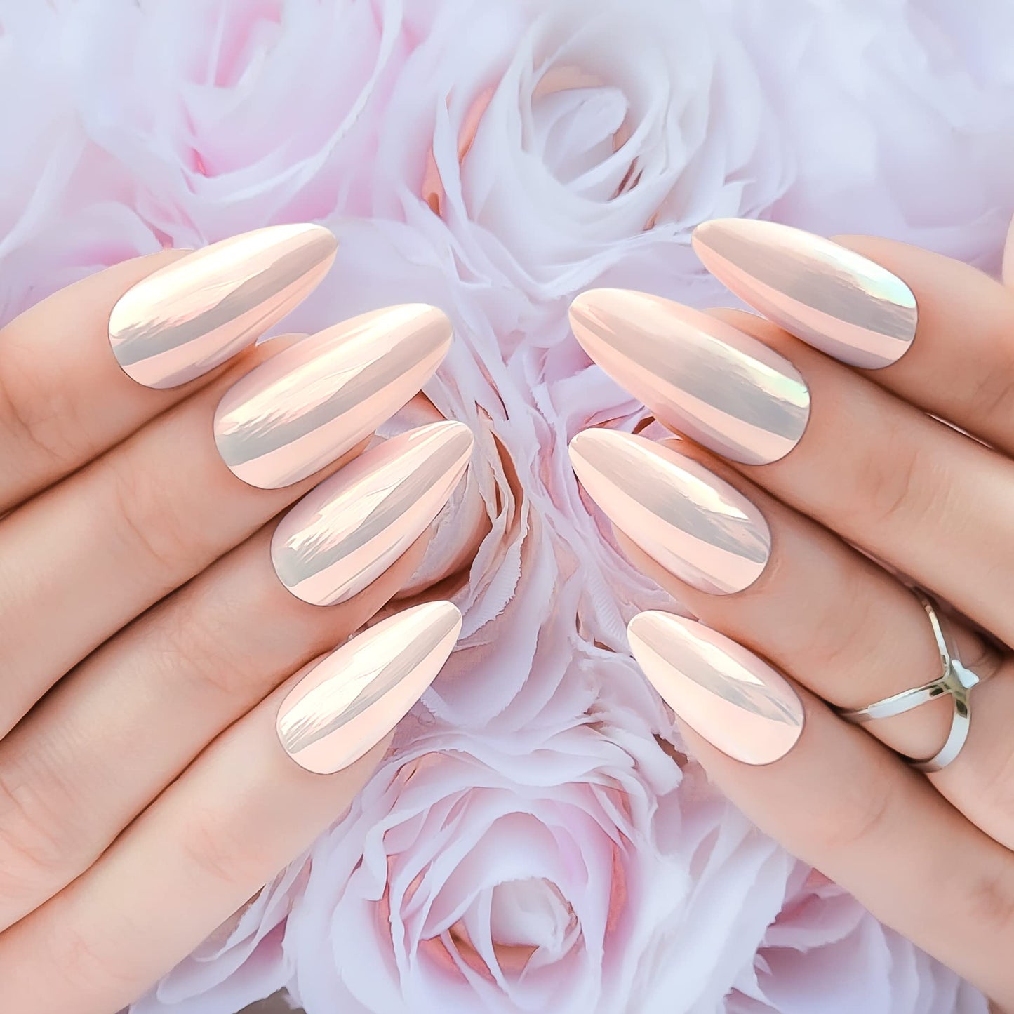 Hypnaughty Press On Nails - Caviar & Light Peach Almond Chrome, Trendy & Salon Quality Reusable Nails With Kit