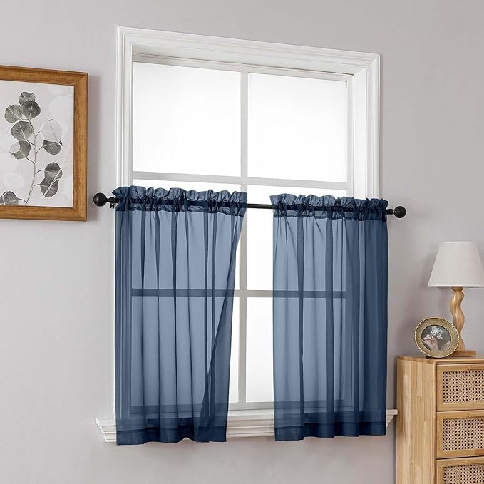 Navy Blue Small Sheer Curtains 2 Panels Set, Kitchen Curtains 36 Inch Length, Elegant Light Filtering Short Window Drapes for Living Room Bedroom, Dual Rod Pocket Design, 2x42Wx36L Inches
