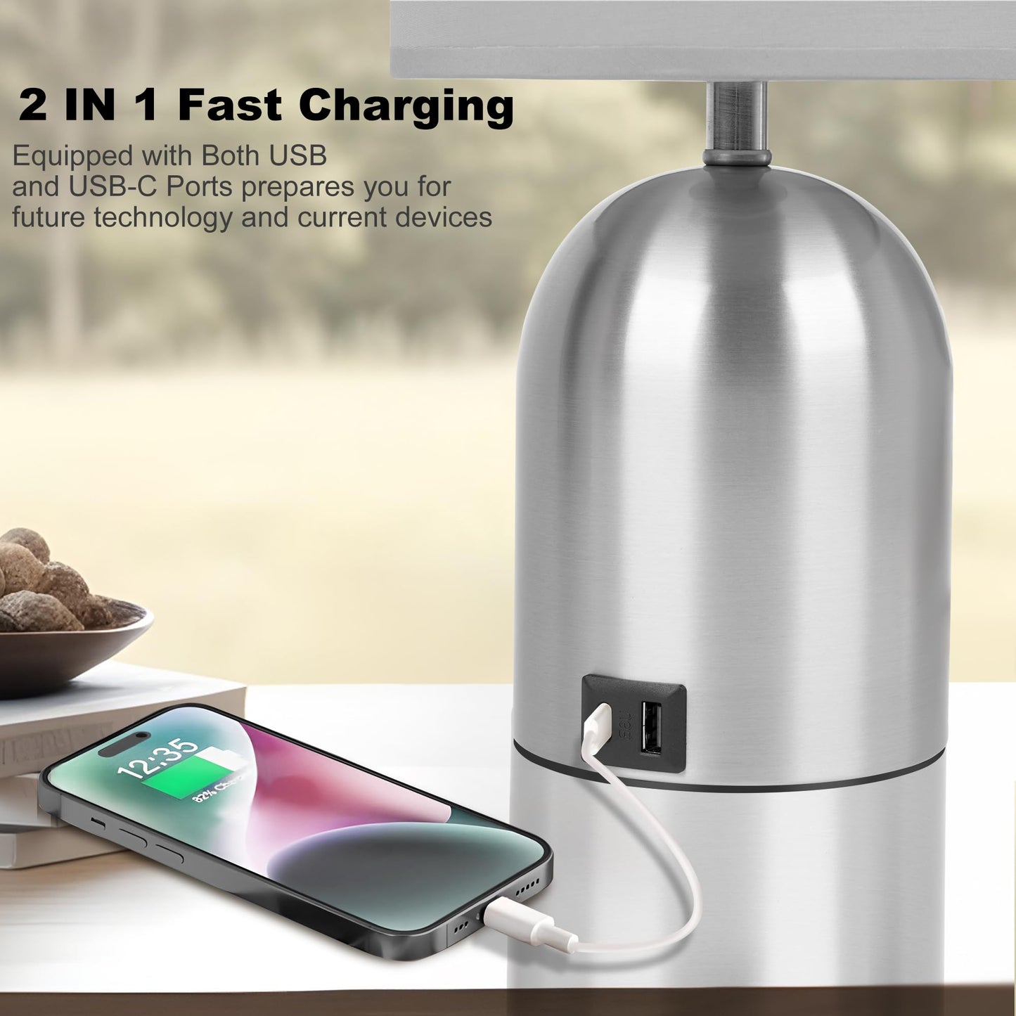 Fttoyoly Bedside Table Lamp for Bedroom, 3 Way Dimmable Touch Small Desk Lamp for Office with USB Charging Port Lamps for Living Room, Bedroom, Reading Room, Office, Grey/Sliver, Silver