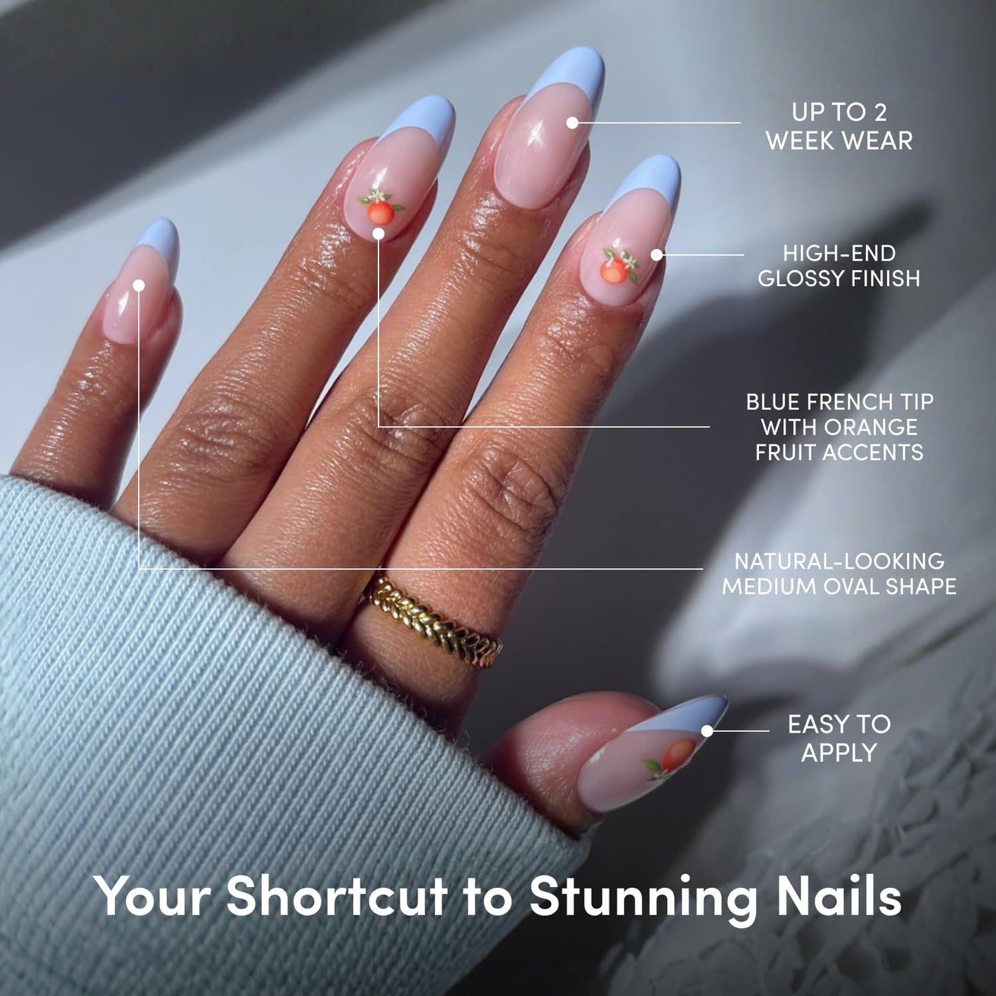 Glamnetic Press On Nails - Medium Oval Fake Nails with Blue French Tips & Orange Accents | Salon Quality Summer Nails | Capri Coast | 15 Sizes - 30 Nail Kit with Glue