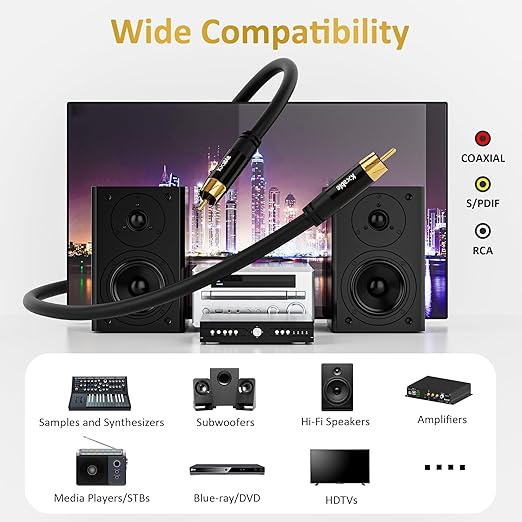 Subwoofer Cable RCA to RCA Audio Cable 75FT, Digital Coaxial Audio Cable, Premium S/PDIF RCA Cord for Home Theater, HDTV, Subwoofer, Hi-Fi System, Amplifier, 22AWG Tinned Copper, Double Shielded