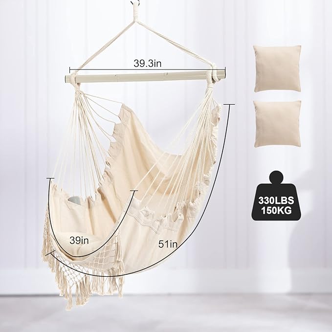 Hammock Chair, Hanging Rope Swing Seat with 2 Cushions,Macrame Hanging Chair Side Pocket with High Load-Bearing Metal Rod,for Indoor, Outdoor, Extra Comfortable