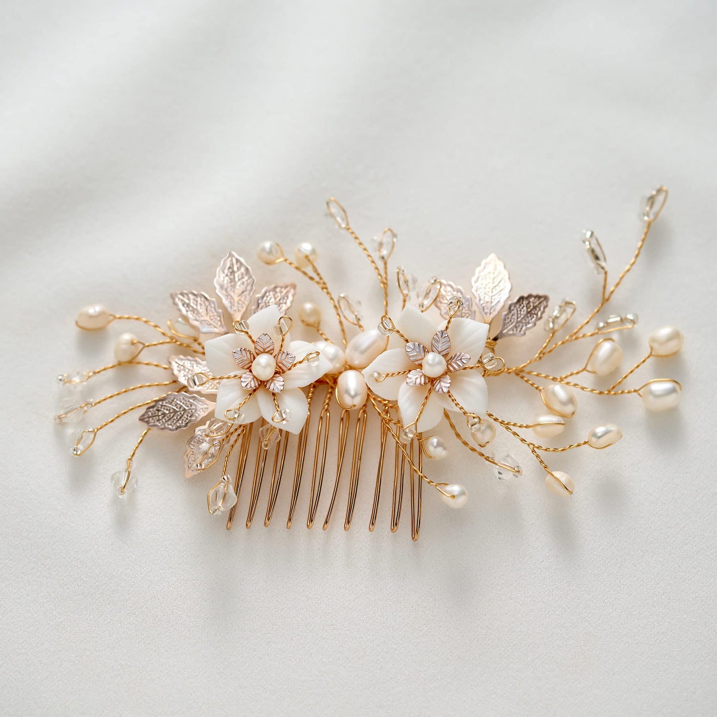 SWEETV Wedding Hair Comb for Bridal Hair Accessories, Handmade Flower Bridal Hair Clip Hair Pieces, Gold, 5.12 *2.75 inches, 1 Count (Pack of 1)