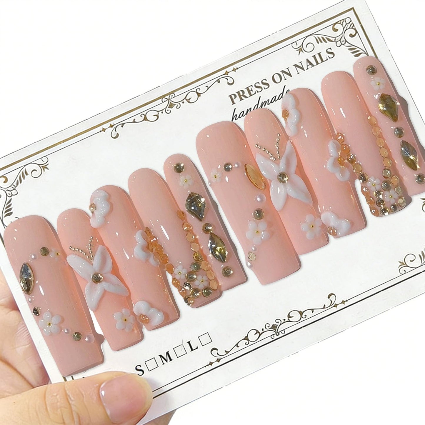 10 Pcs Extra Long Handmade Press on Nails Square Fake Nails with 3D Flowers Rhinestones Charms Curve Design Pink Acrylic False Nails Long Press Ons Nails for Women Wedding Party Manicure - M Size