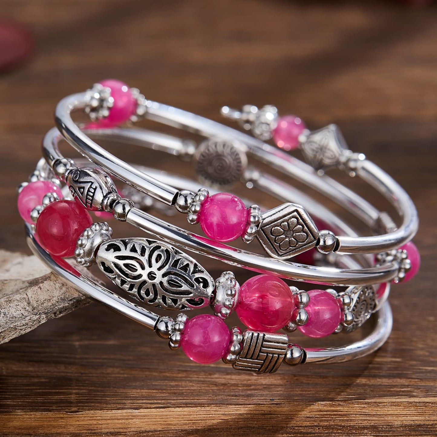 BULINLIN Layered Wrap Bangle Turquoise Bracelet - Bead Bracelet with Natural Agate Stone, Gifts For Women (03-Hot pink)