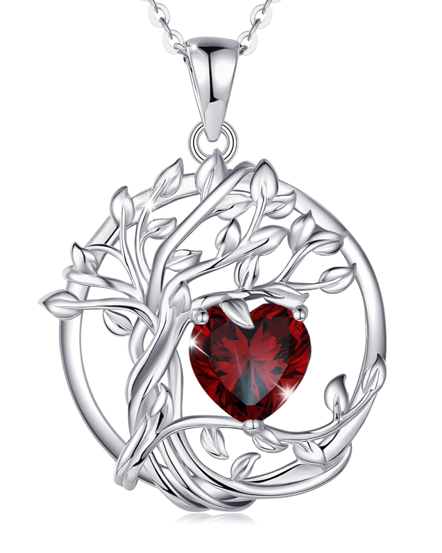 FANCIME Tree of life Birthstone necklace for women Sterling Silver Tree Jewelry Garnet Pendant January Birthstone Necklace Red Gemstone Anniversary Birthday Mothers Day Gifts for Wife Her