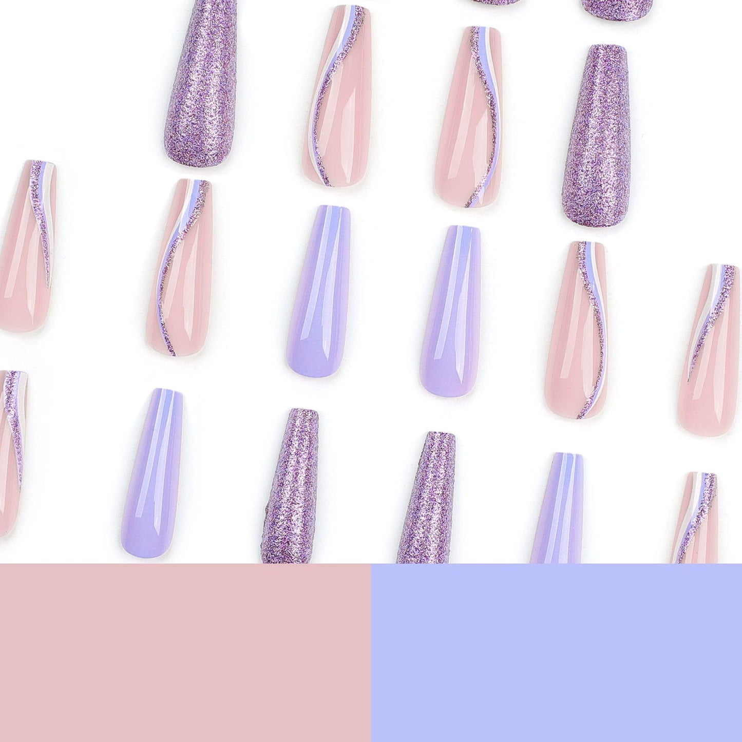 Long Press on Nails Coffin Fake Nails Purple Glitter False Nails with Swirl Designs Nails Press Ons 24Pcs Glossy Long Ballerina Full Cover Acrylic Stick on Nail for Women