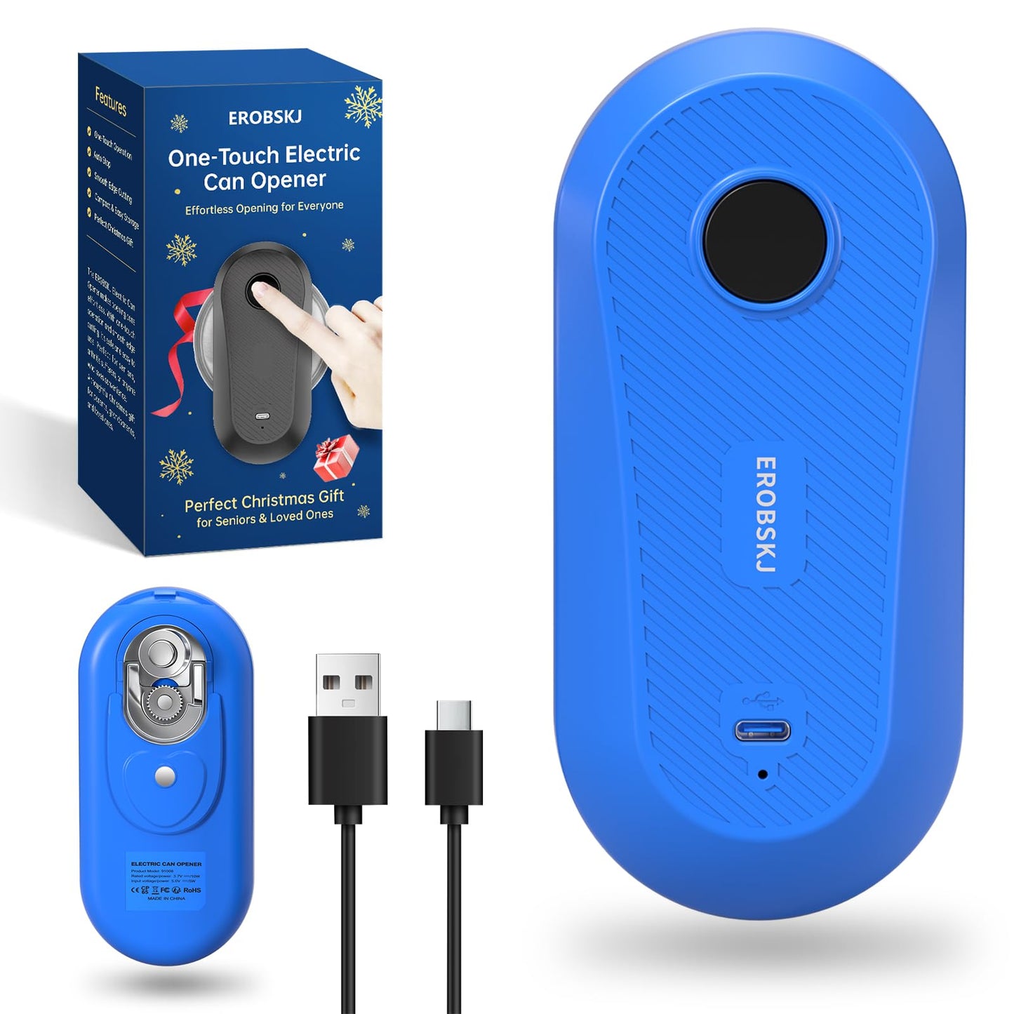 EROBSKJ Auto Electric Can Opener, Rechargeable Can Openers for Seniors & Arthritis, One-Touch Automatic Can Opener, Hands-Free, Smooth Edge, Compact,Small - Auto Stop，Blue